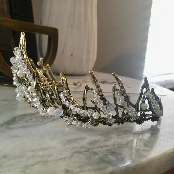 Vintage Antique White Beaded Gold Wedding Crown - Picture 7 of 8